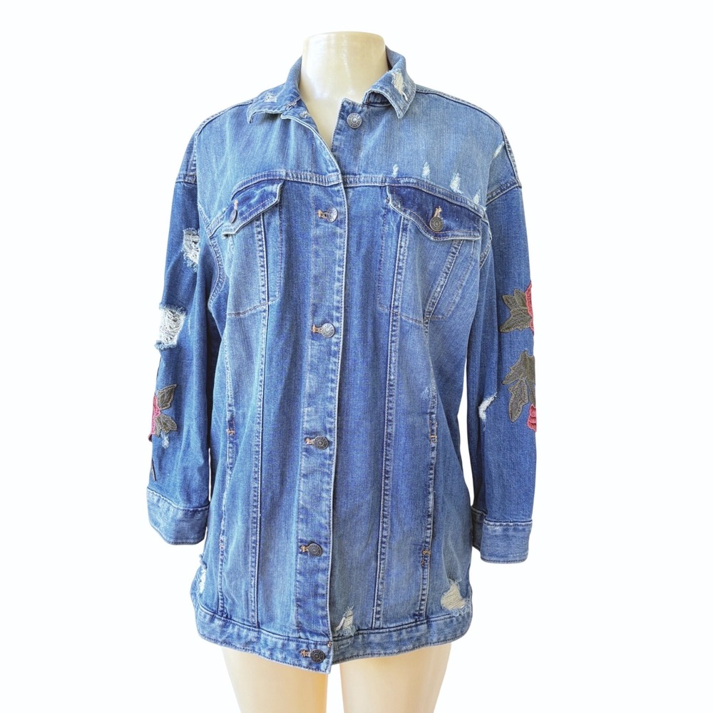 Express Distressed Blue Denim Rose Embroidered Boyfriend Button Front Jacket